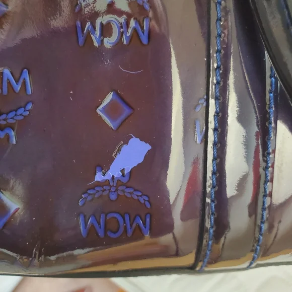 MCM Patent Embossed Satchel Crossbody Bag Ombre Brown Blue Purple - Picture 12 of 16